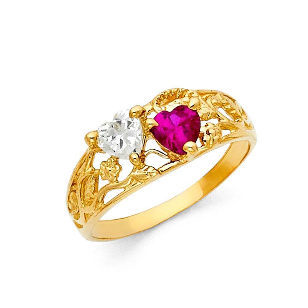 14K Yellow Gold Ruby and Clear Heart Shape CZ Rings