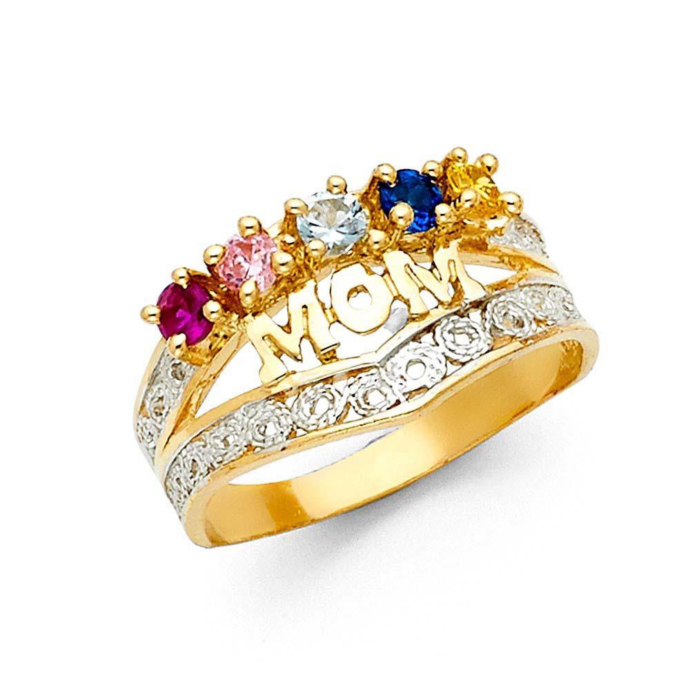 14K Two Tone Multi Color Mom CZ Ring