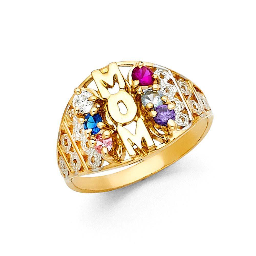 14K Two Tone Multi Color CZ Mom Ring
