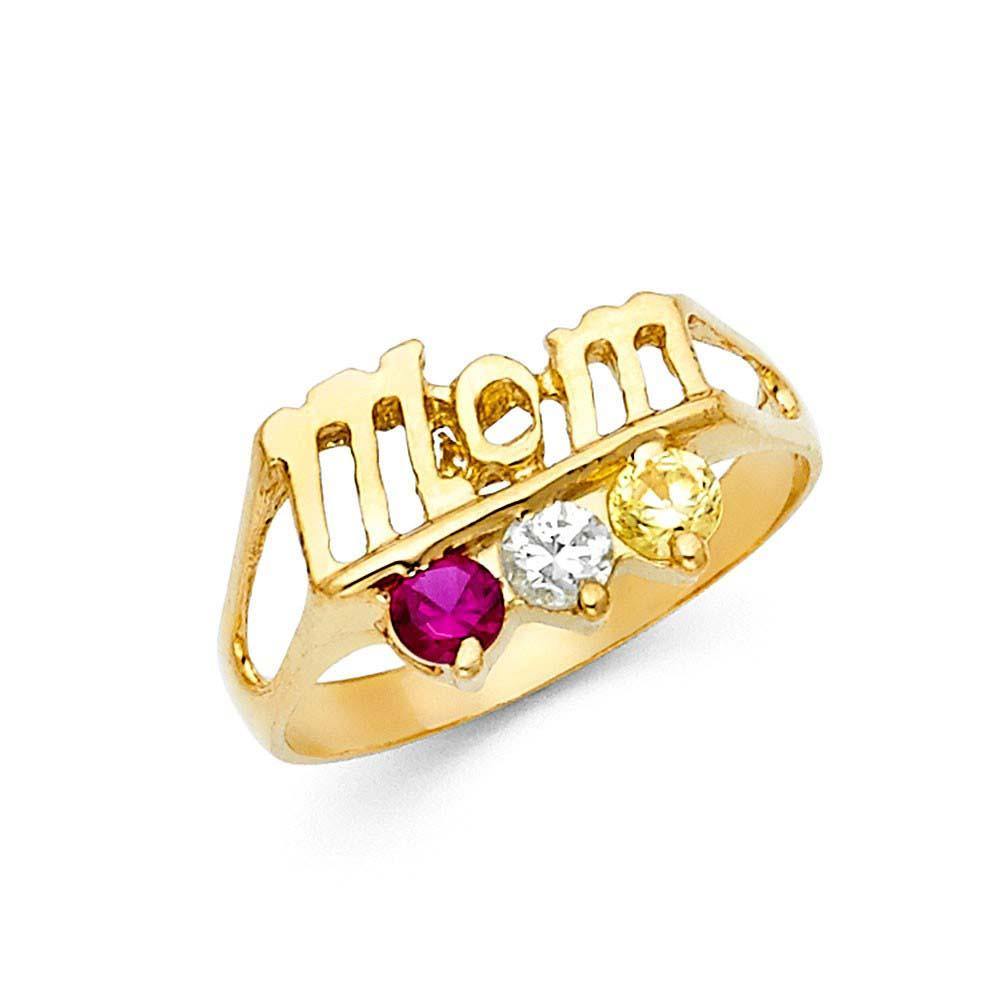 14K Yellow Gold Three Multi Color CZ Mom Ring