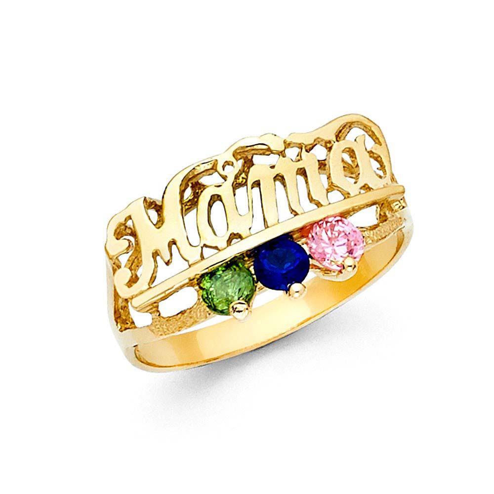 14K Yellow Gold Three Multi Color CZ Mama Ring