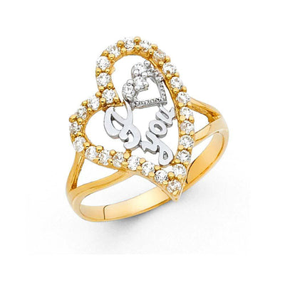 14K Two Tone 20mm Clear CZ Assorted I Love You Ring - silverdepot