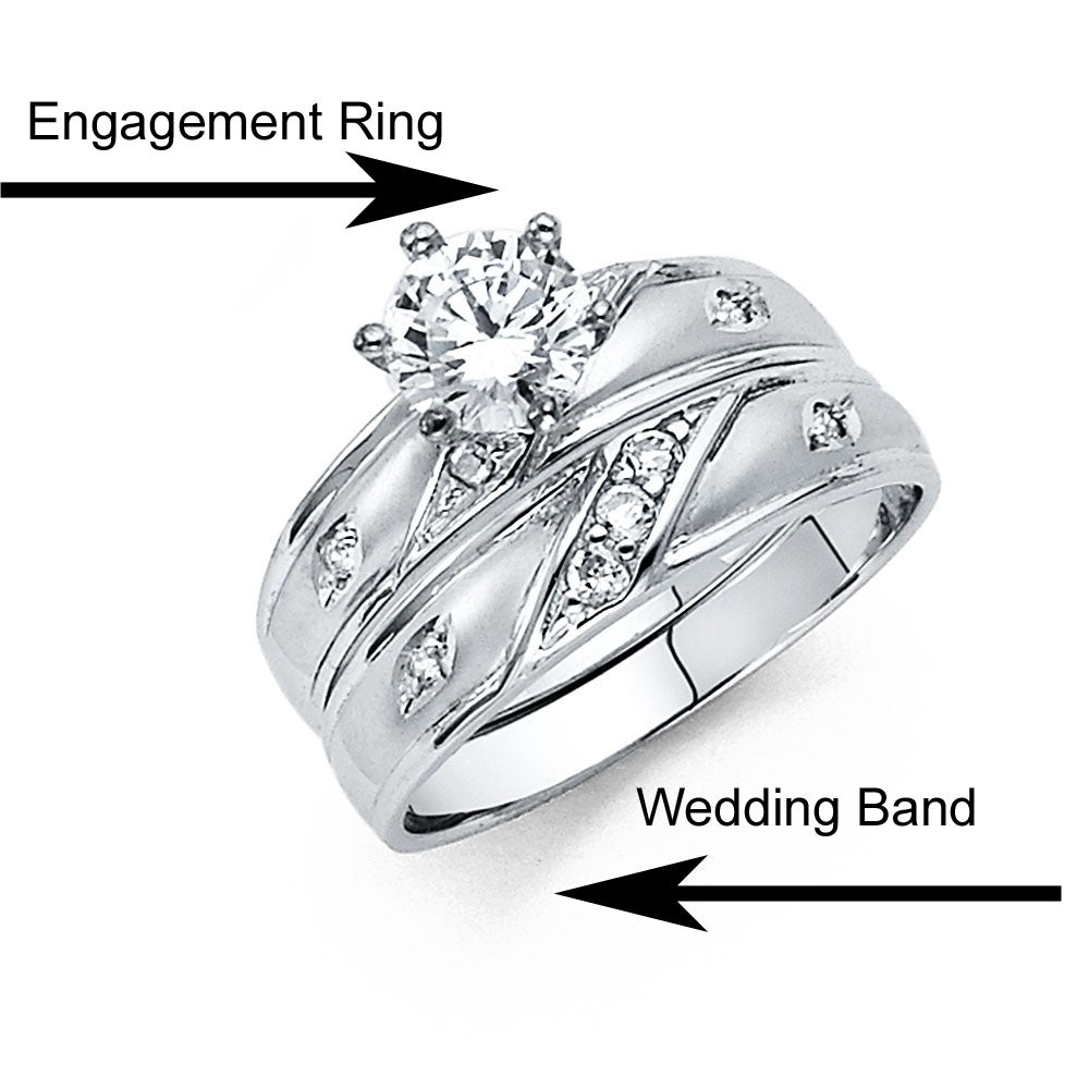 14K White Gold 4mm CZ Wedding Trio Ladies Wedding Band Sets