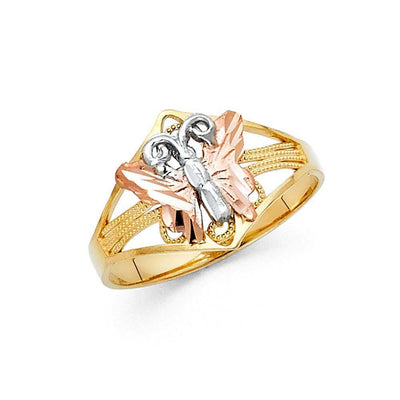 14K Tri Color 12mm Assorted Fancy Butterfly Ring - silverdepot