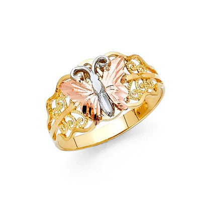 14K Tri Color 10mm Assorted Fancy Butterfly Ring - silverdepot