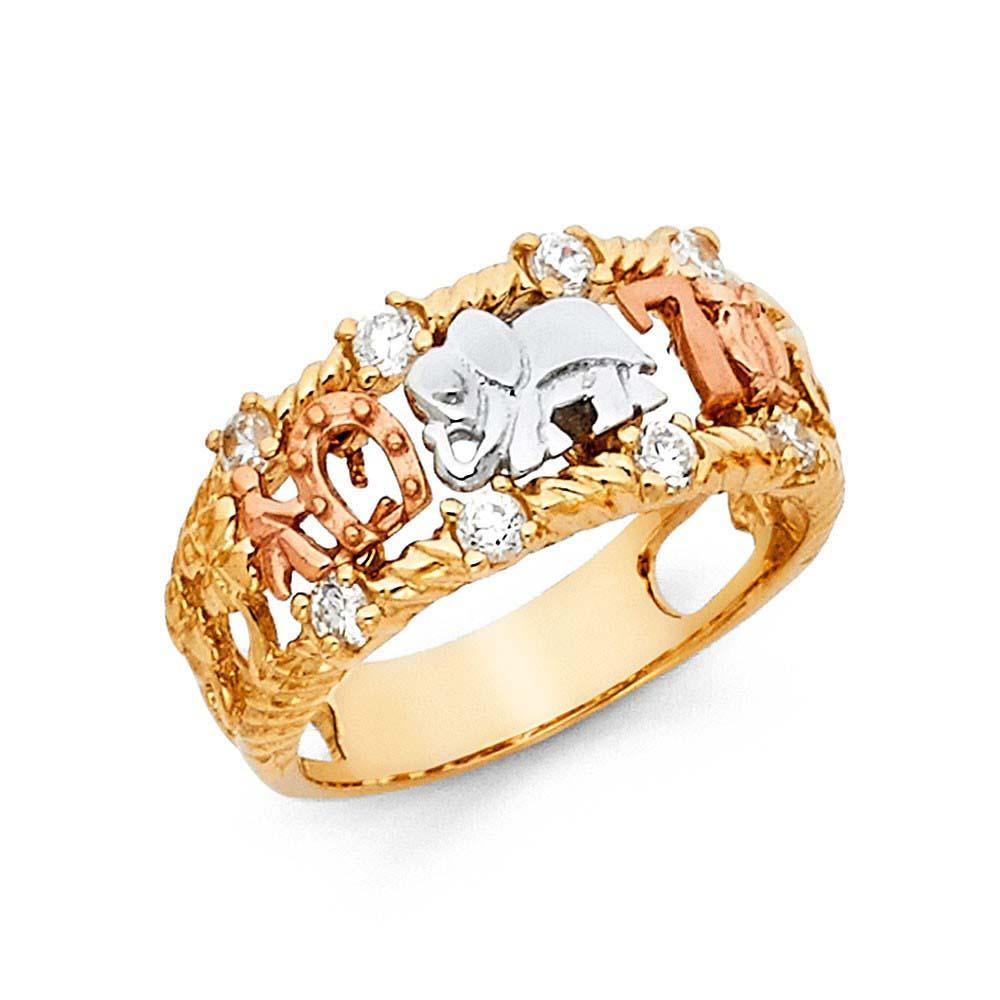 14K Tri Color 10mm Clear CZ Lucky Ring