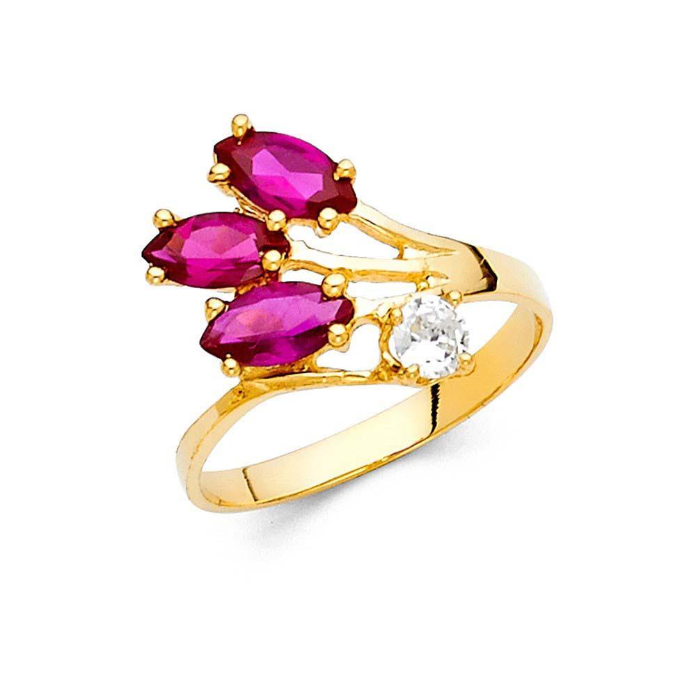 14K Yellow Gold Three Ruby Branch CZ Ring