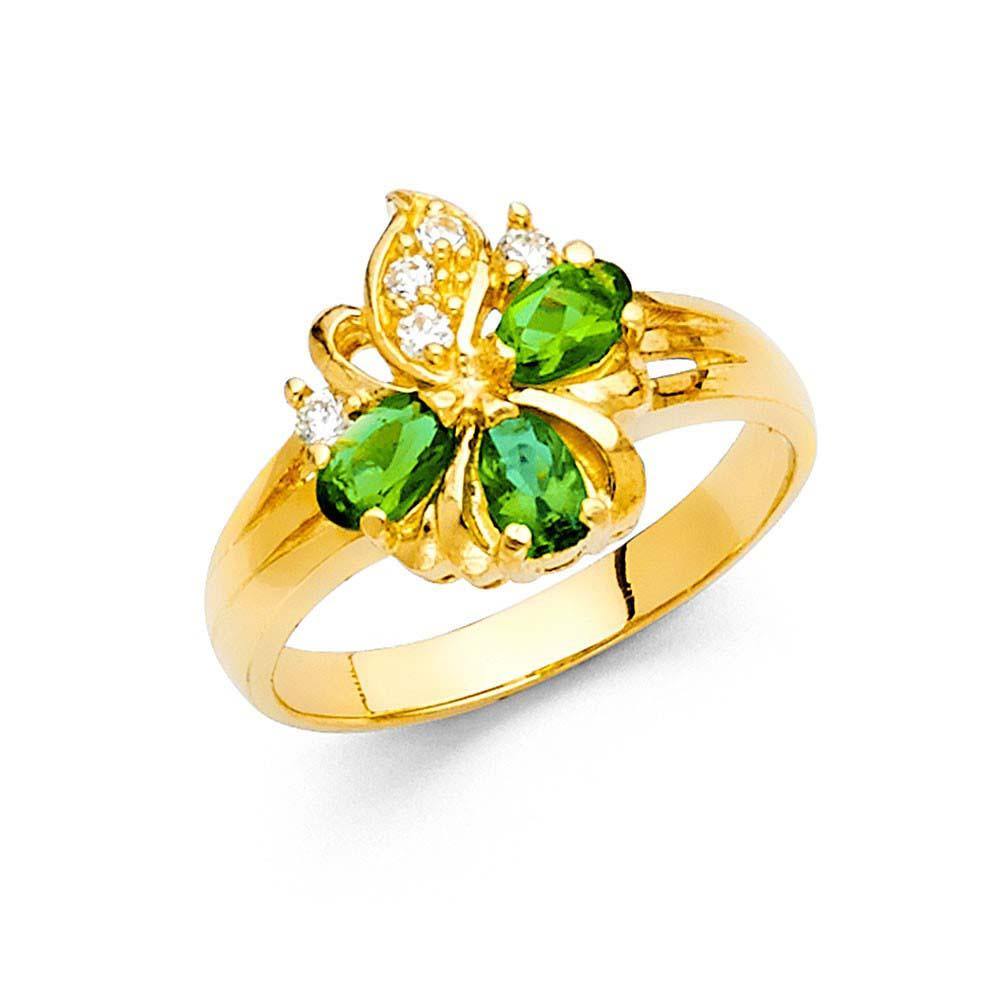 14K Yellow Gold Emerald Flower CZ Ring