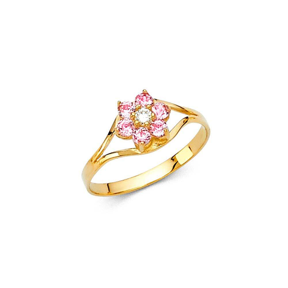 14K Yellow Gold Pink CZ OCT Birth Stone Babies Ring - silverdepot