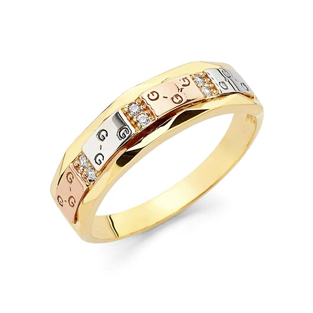 14K Tri Color Gold 4mm CZ Ladies Wedding Band