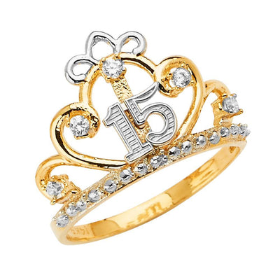 14K Yellow Gold 15 Years Crown Clear CZ Ring - silverdepot