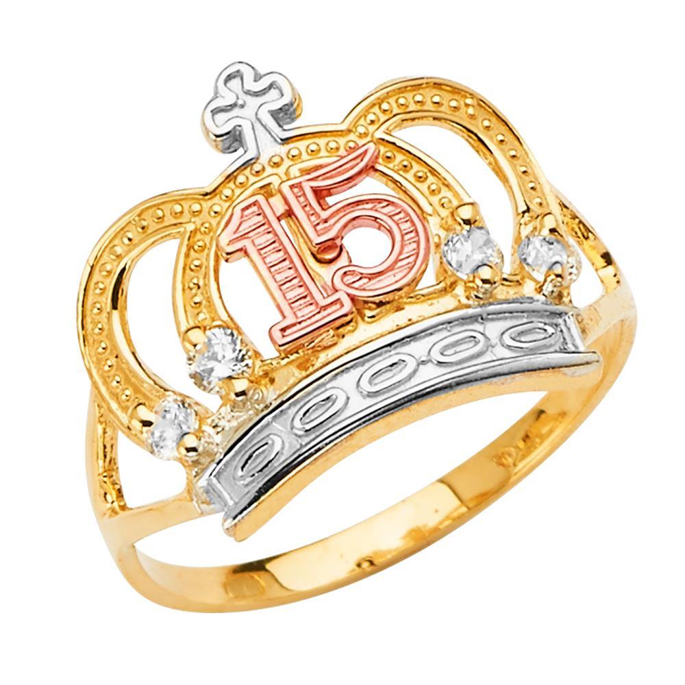 14K Tri Color 15 Years Crown Clear CZ Ring - silverdepot