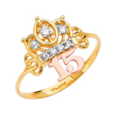 14K Tri Color 15 Years Crown Clear CZ Ring