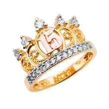 Load image into Gallery viewer, 14K Tri Color 15 Years Crown Clear CZ Ring - silverdepot