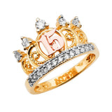 14K Tri Color 15 Years Crown Clear CZ Ring