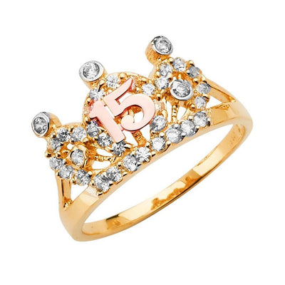 14K Tri Color 15 Years Crown Clear CZ Ring - silverdepot