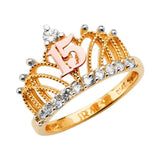 14K Tri Color 15 Years Crown Clear CZ Ring