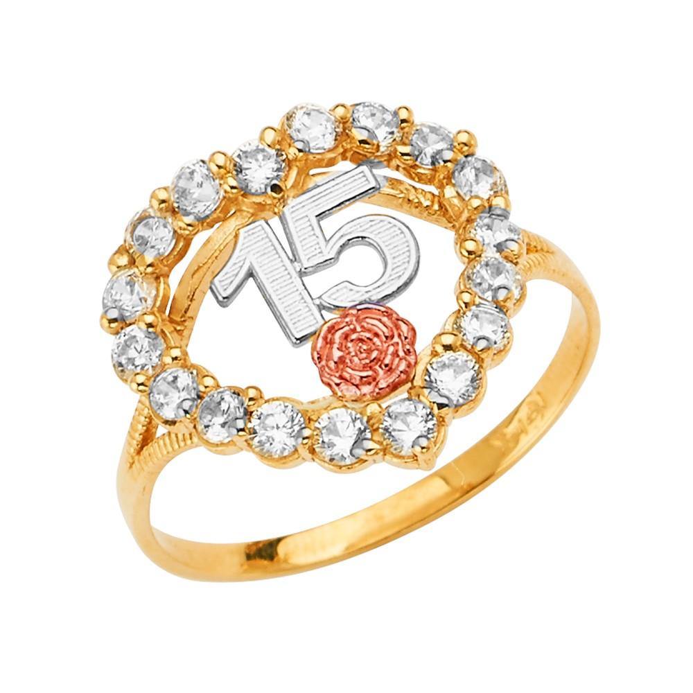 14K Tri Color 15 Years Heart Clear CZ Ring