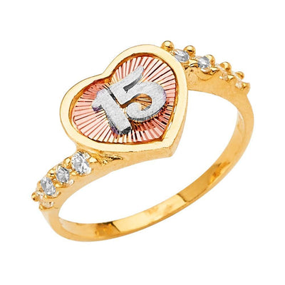 14K Tri Color 15 Years Heart Clear CZ Ring - silverdepot