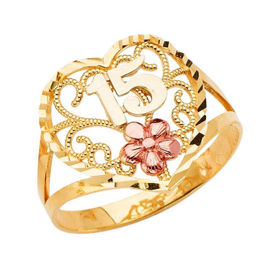 14K Tri Color 15 Years Heart Clear CZ Ring - silverdepot