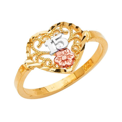 14K Tri Color 15 Years Heart Clear CZ Ring - silverdepot