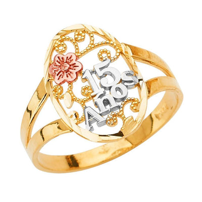 14K Tri Color 15 Years Oval Shape Clear CZ Ring - silverdepot
