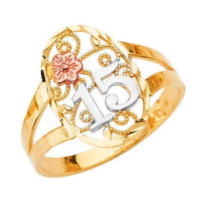 14K Tri Color 15 Years Oval Shape Clear CZ Ring - silverdepot
