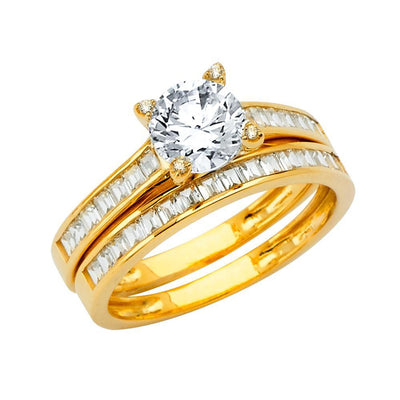 14K Yellow Gold Polished Clear CZ Wedding Band Only - silverdepot