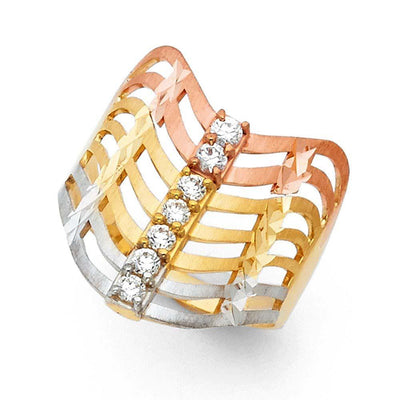 14K Tri Color 18mm Clear CZ Semanario Ring - silverdepot