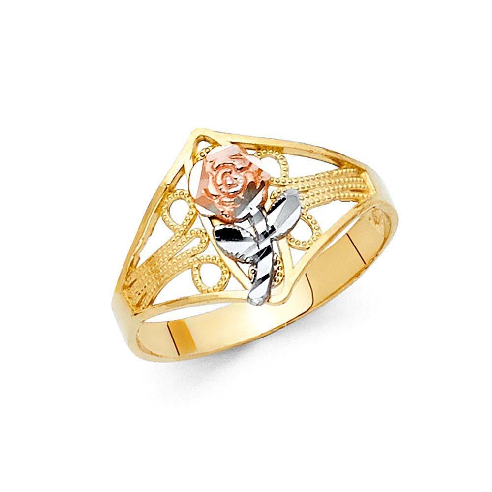 14K Tri Color 12mm Assorted Fancy Flower Ring - silverdepot