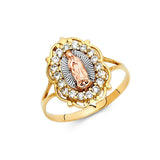 14K Tri Color 15mm Clear CZ Our Lady of Guadalupe Religious Ring