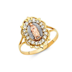 14K Tri Color 15mm Clear CZ Our Lady of Guadalupe Religious Ring