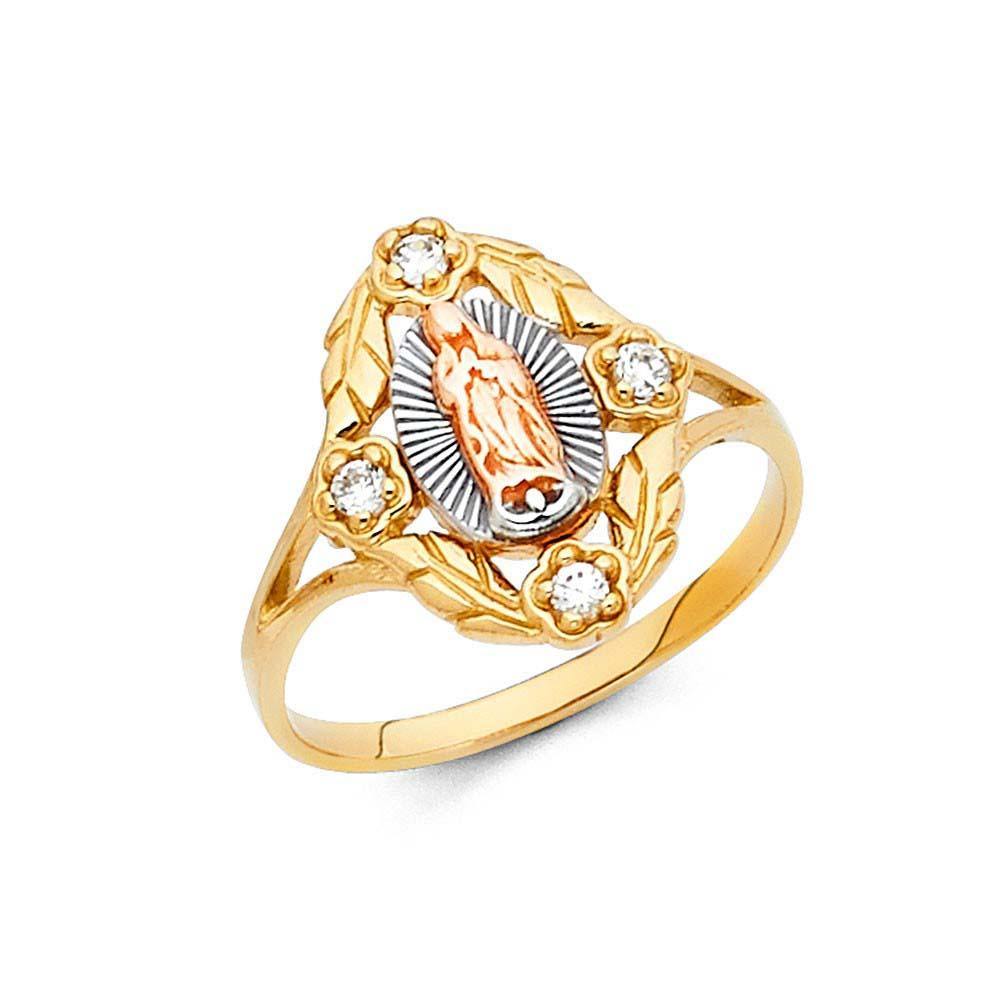14K Two Tone 15mm Clear CZ Our Lady of Guadalupe Religious Ring