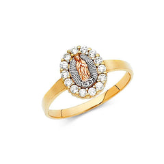 14K Tri Color 10mm Clear CZ Our Lady of Guadalupe Religious Ring