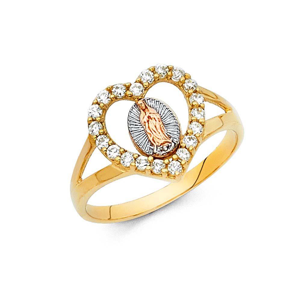 14K Tri Color 12mm Clear CZ Our Lady of Guadalupe Religious Ring - silverdepot