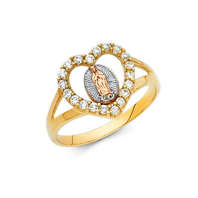 14K Tri Color 12mm Clear CZ Our Lady of Guadalupe Religious Ring - silverdepot