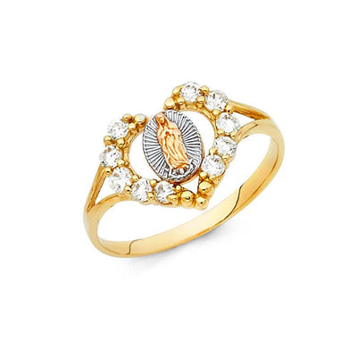 14K Tri Color 11mm Clear CZ Our Lady of Guadalupe Religious Ring - silverdepot