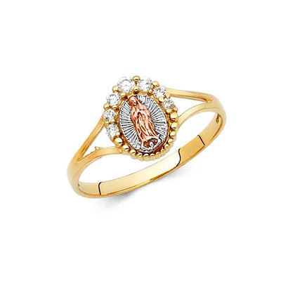 14K Tri Color 10mm Clear CZ Our Lady of Guadalupe Religious Ring - silverdepot