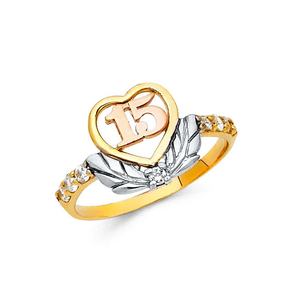 14K Tri Color 11mm 15 Years Clear CZ Heart Ring - silverdepot