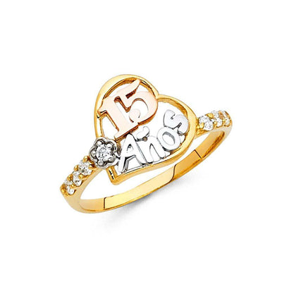 14K Tri Color 11mm 15 Years Clear CZ Heart Ring - silverdepot