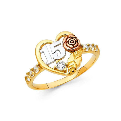 14K Tri Color 12mm 15 Years Clear CZ Heart Ring - silverdepot