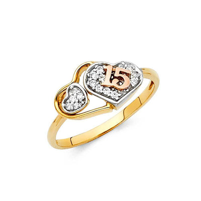14K Two Tone 9mm Heart Clear CZ 15 Years Ring - silverdepot