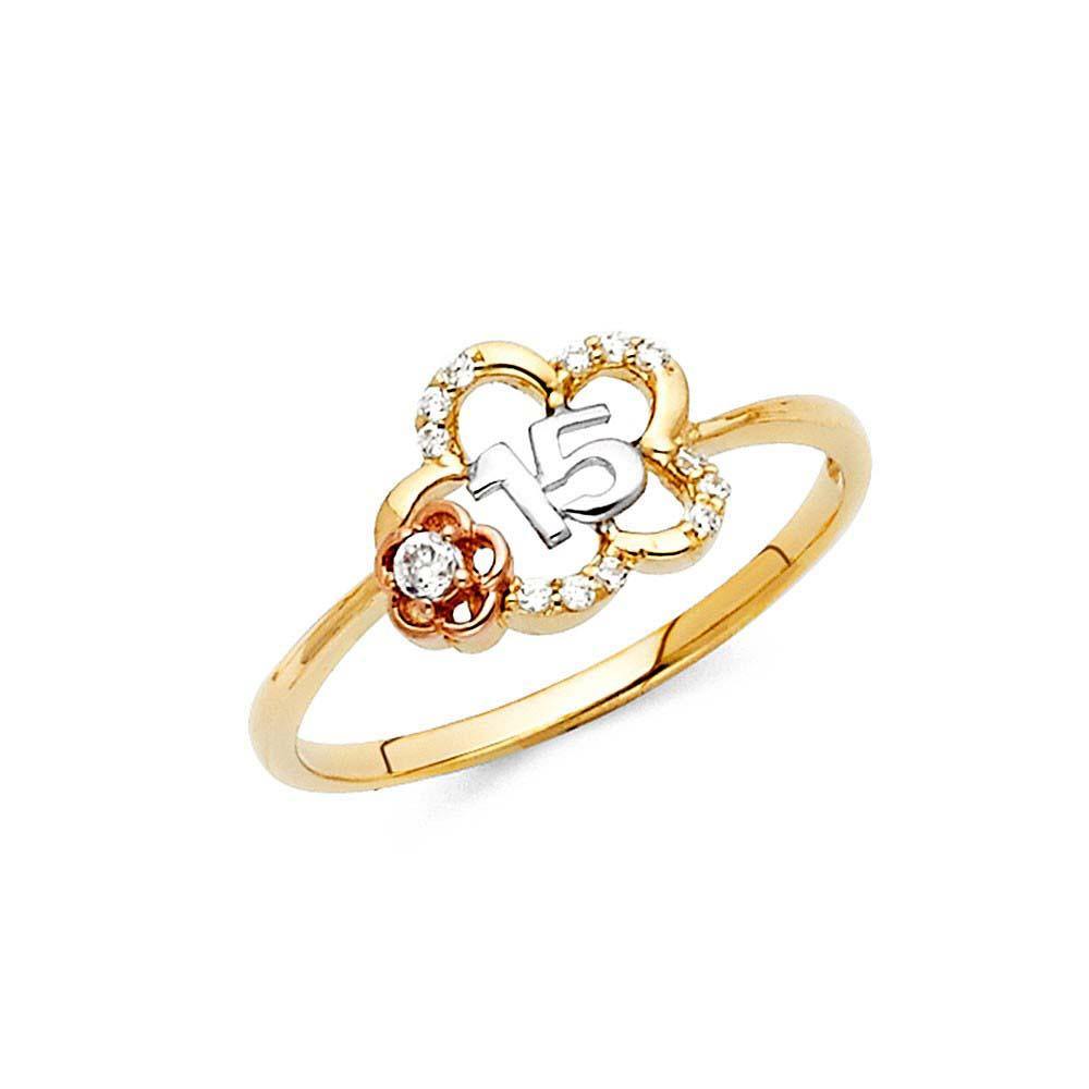 14K Two Tone 9mm Clear CZ 15 Years Ring - silverdepot
