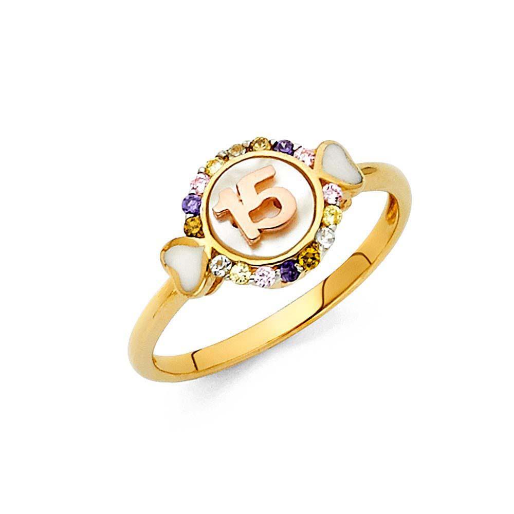 14K Two Tone 9mm Multi Color CZ 15 Years Ring - silverdepot