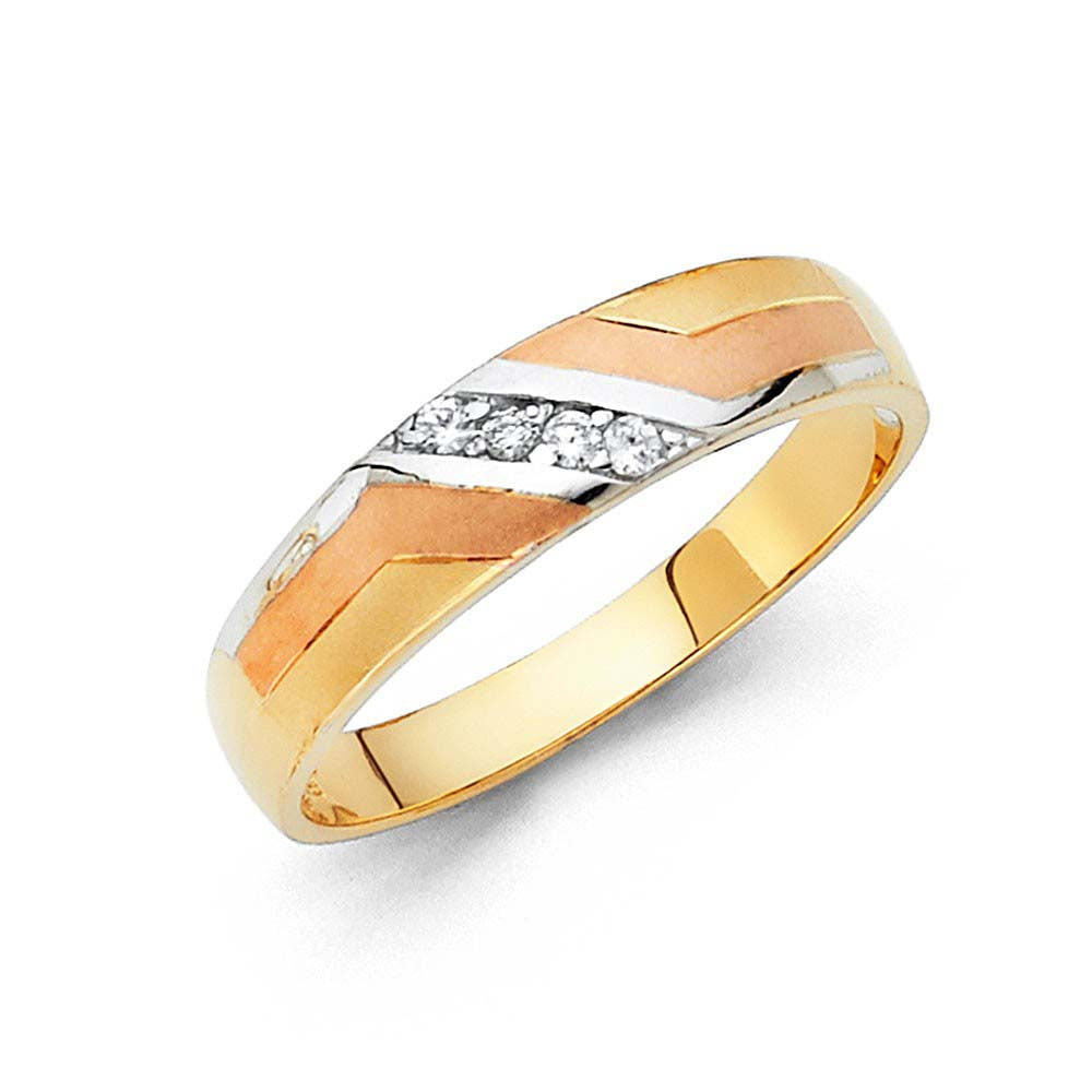 14K Tri Color 5mm CZ Wedding Trio Mens Band Sets
