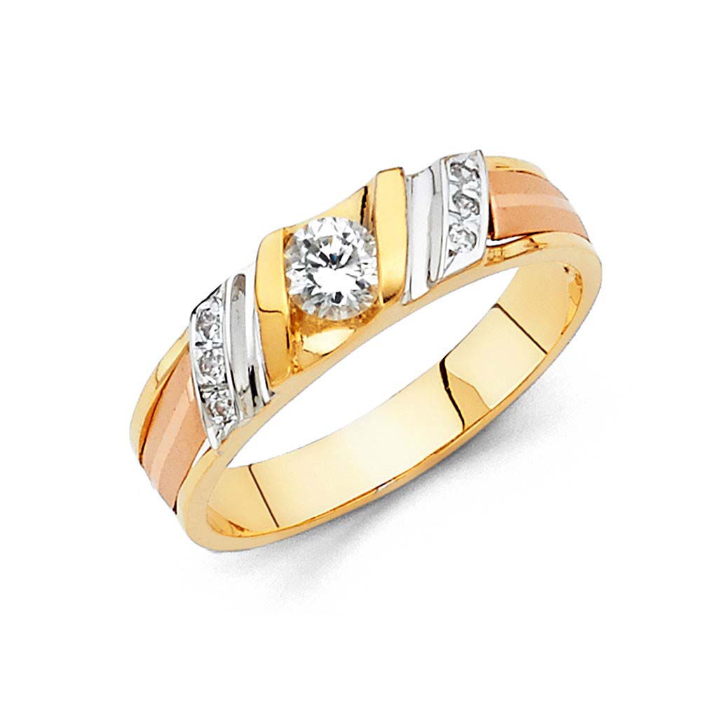 14K Tri Color 6mm CZ Wedding Trio Mens Band Sets