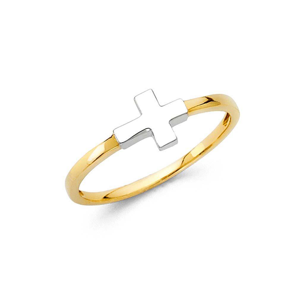14K Two Tone 7mm Religious Cross Ring