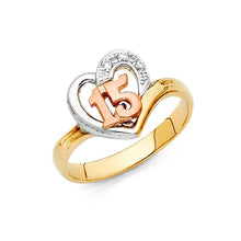 Load image into Gallery viewer, 14K Tri Color 12mm Clear CZ 15 Years Heart Ring - silverdepot
