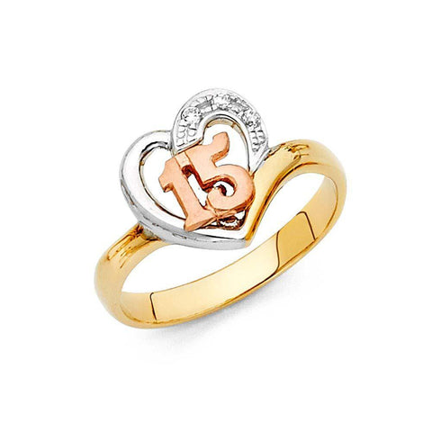 14K Tri Color 12mm Clear CZ 15 Years Heart Ring
