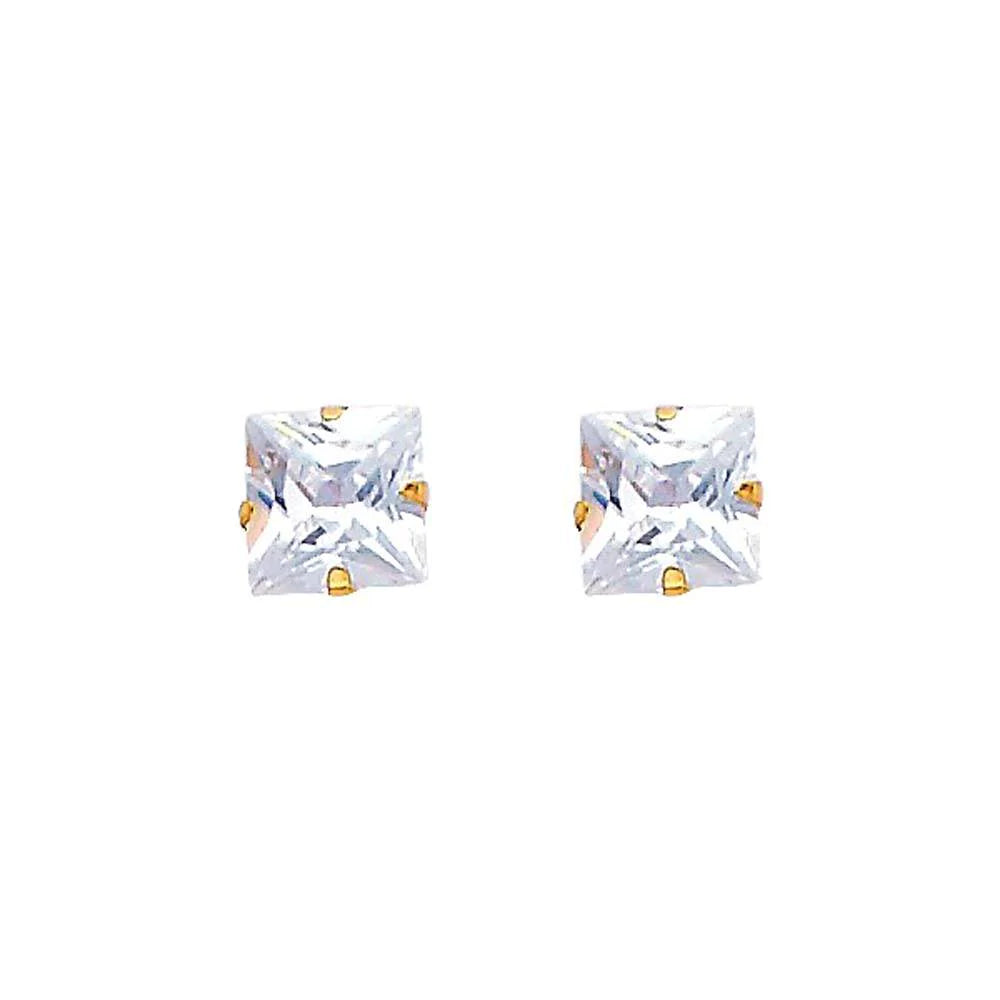 14k Yellow Gold Princess CZ Stamping Prong Stud Earrings With Screw Back